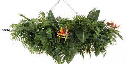 Artificial Hanging Plant Arrangement With Tropical Flowers in a Rectangular Arrangement 100cm x 30cm Mesh + Foliage