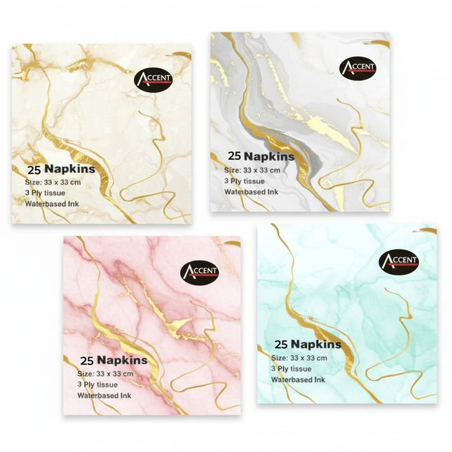 bulk 600 Foiled Marble 3ply Napkin 2 Asst 33cm