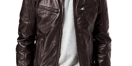 Men's PU Motorcycle Leather Jacket Slim Fit Zipper