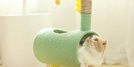 Green Dinosaur-Theme Cat Tree with Tunnel - Multi-Functional Cat Scratching Post and Playhouse