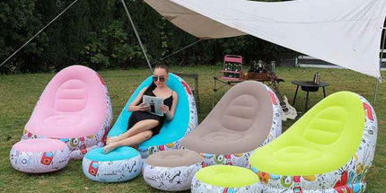 Blue Graffiti Portable Inflatable Sofa Chair with Ottoman - Waterproof Flocked Lazy Sofa for Camping and Home Use