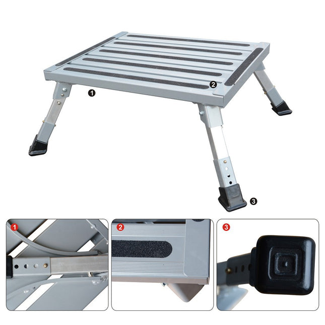 Heavy Duty Aluminum Folding Step Stool - Portable RV Platform and Work Bench with Non-Slip Surface - Collapsible Multi-Purpose Step for Camping, Home, and Outdoor Use