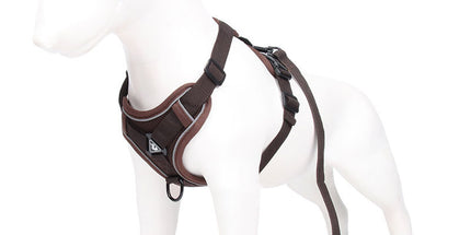Brown Reflective Mesh Dog Harness and Leash Set - Adjustable No-Pull Vest - M