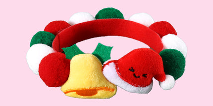 Christmas Pet Pom-Pom Adjustable Cotton Collar Set(2-Pack Size L) - Cat and Dog Holiday Costume, Cute Bell Hat and Tree Umbrella Designs