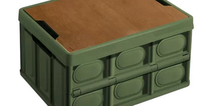 Green Collapsible Medium Standard Storage Box with Wooden Table Top(42x28x23CM) - Car Trunk Organiser for Australian Camping & Home Use