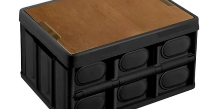 Black Collapsible Medium Standard Storage Box with Wooden Table Top(42x28x23CM) - Car Trunk Organiser for Australian Camping & Home Use
