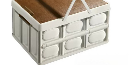 White Collapsible Medium Handle Storage Box with Wooden Table Top(42x28x23CM) - Car Trunk Organiser for Australian Camping & Home Use