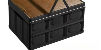 Black Collapsible Medium Handle Storage Box with Wooden Table Top(42x28x23CM) - Car Trunk Organiser for Australian Camping & Home Use