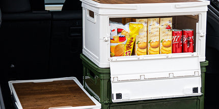 Black Collapsible Medium Handle Storage Box with Wooden Table Top(42x28x23CM) - Car Trunk Organiser for Australian Camping & Home Use