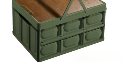 Green Collapsible Medium Handle Storage Box with Wooden Table Top(42x28x23CM) - Car Trunk Organiser for Australian Camping & Home Use