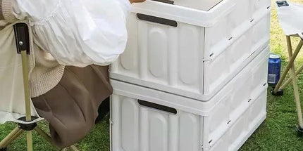 Green Collapsible Medium Handle Storage Box with Wooden Table Top(42x28x23CM) - Car Trunk Organiser for Australian Camping & Home Use