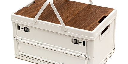 White Collapsible Medium Side-Open Handle Storage Box with Wooden Table Top(42x28x23CM) - Car Trunk Organiser for Australian Camping & Home Use