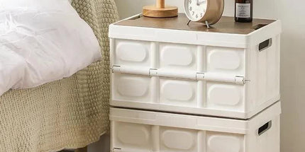 White Collapsible Medium Side-Open Handle Storage Box with Wooden Table Top(42x28x23CM) - Car Trunk Organiser for Australian Camping & Home Use