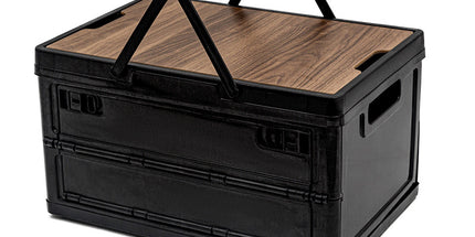 Black Collapsible Medium Side-Open Handle Storage Box with Wooden Table Top(42x28x23CM) - Car Trunk Organiser for Australian Camping & Home Use