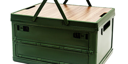 Green Collapsible Medium Side-Open Handle Storage Box with Wooden Table Top(42x28x23CM) - Car Trunk Organiser for Australian Camping & Home Use