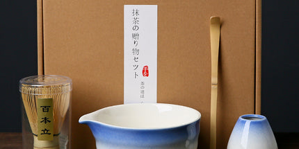 Blue and white Complete Matcha Tea Ceremony Set - 4-Piece Japanese Traditional Whisk, Bowl, Whisk Holder & Scoop for Authentic Preparation at Home