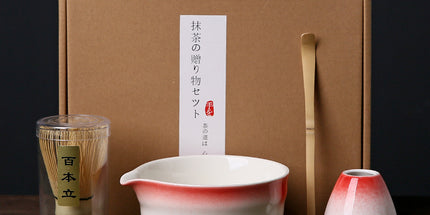 Red and white Complete Matcha Tea Ceremony Set - 4-Piece Japanese Traditional Whisk, Bowl, Whisk Holder & Scoop for Authentic Preparation at Home