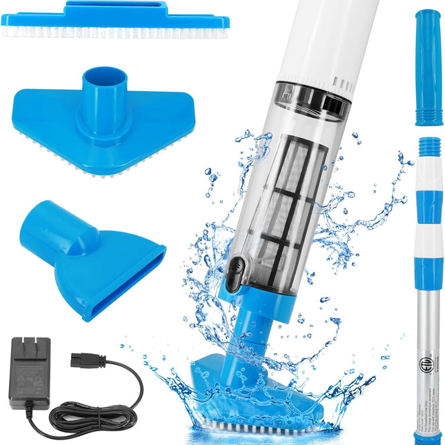 Blue and White Cordless Underwater Pool Vacuum with 3 Cleaning Heads & 164cm Extended Reach - Rechargeable Handheld Spa & Pond Cleaner