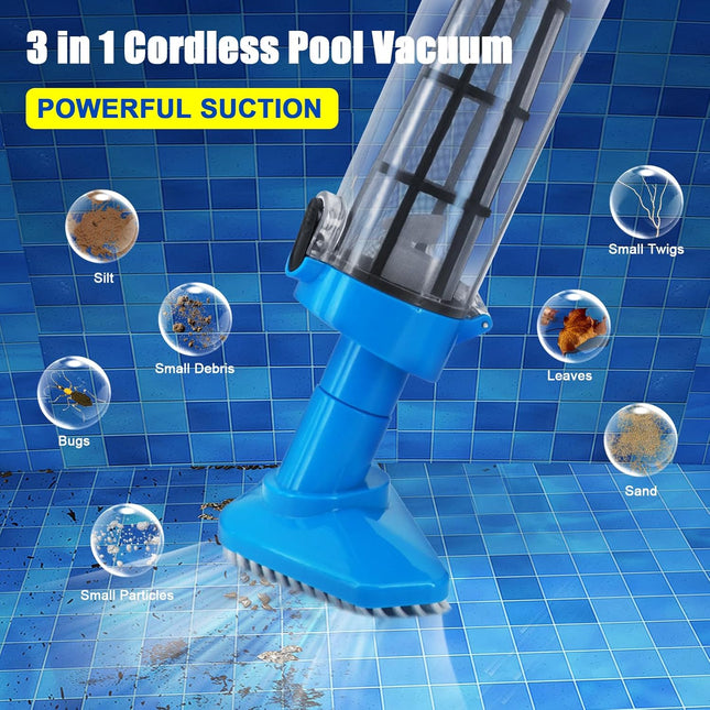 Blue and White Cordless Underwater Pool Vacuum with 3 Cleaning Heads & 164cm Extended Reach - Rechargeable Handheld Spa & Pond Cleaner