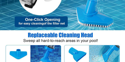 Blue and White Cordless Underwater Pool Vacuum with 3 Cleaning Heads & 164cm Extended Reach - Rechargeable Handheld Spa & Pond Cleaner