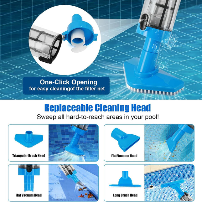 Blue and White Cordless Underwater Pool Vacuum with 3 Cleaning Heads & 164cm Extended Reach - Rechargeable Handheld Spa & Pond Cleaner