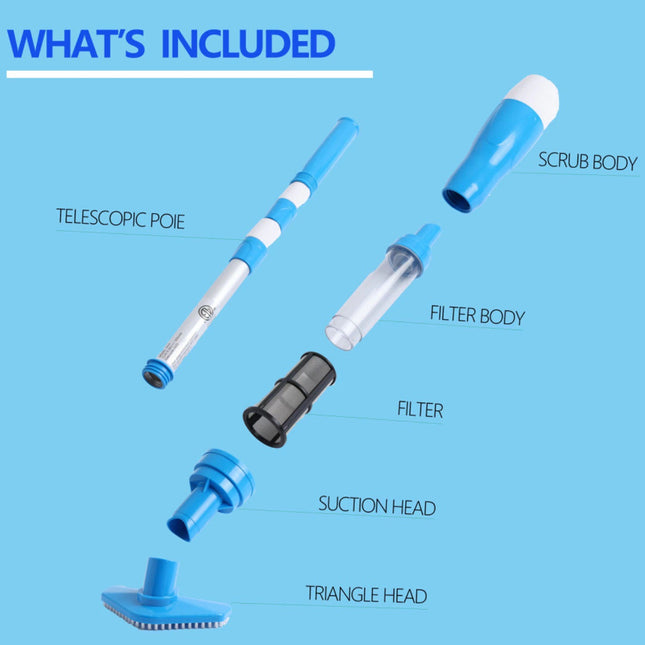 Blue and White Cordless Underwater Pool Vacuum with 3 Cleaning Heads & 164cm Extended Reach - Rechargeable Handheld Spa & Pond Cleaner