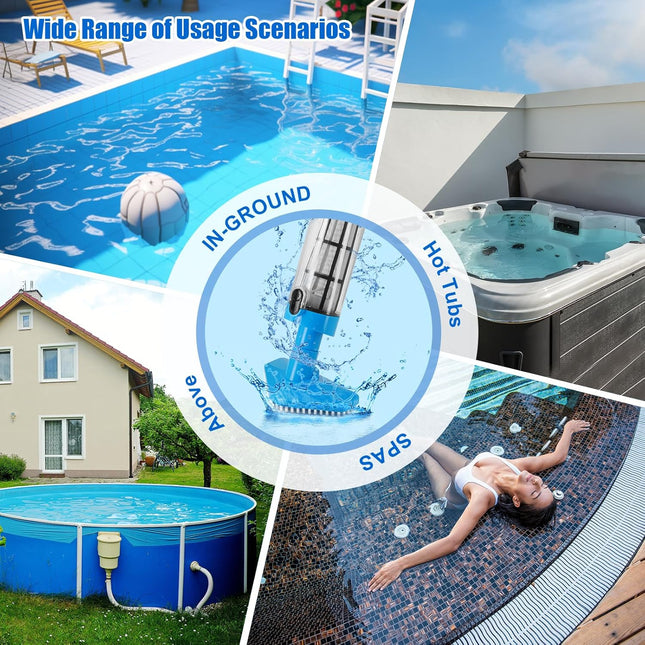 Blue and White Cordless Underwater Pool Vacuum with 3 Cleaning Heads & 164cm Extended Reach - Rechargeable Handheld Spa & Pond Cleaner