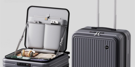 Black Front Opening Carry On Luggage 18 Inch - Lightweight Hard Shell Suitcase with Spinner Wheels, Shockproof Laptop Compartment, USB Charging Port - Ideal for Business Trips and Short Travels