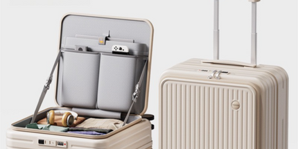 Beige Front Opening Carry On Luggage 18 Inch - Lightweight Hard Shell Suitcase with Spinner Wheels, Shockproof Laptop Compartment, USB Charging Port - Ideal for Business Trips and Short Travels