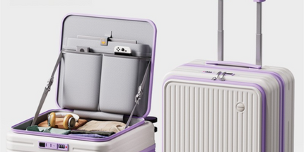 Purple and white Front Opening Carry On Luggage 18 Inch - Lightweight Hard Shell Suitcase with Spinner Wheels, Shockproof Laptop Compartment, USB Charging Port - Ideal for Business Trips and Short Travels