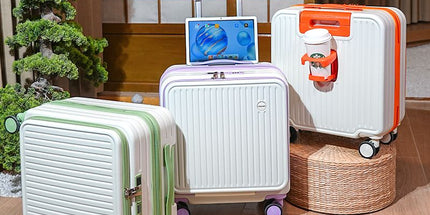 Purple and white Front Opening Carry On Luggage 18 Inch - Lightweight Hard Shell Suitcase with Spinner Wheels, Shockproof Laptop Compartment, USB Charging Port - Ideal for Business Trips and Short Travels