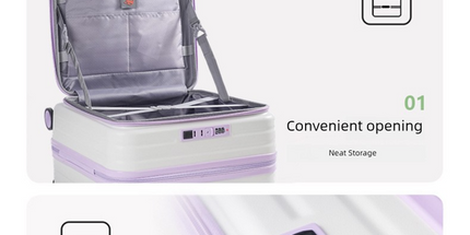 Purple and white Front Opening Carry On Luggage 18 Inch - Lightweight Hard Shell Suitcase with Spinner Wheels, Shockproof Laptop Compartment, USB Charging Port - Ideal for Business Trips and Short Travels