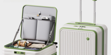 Green and white Front Opening Carry On Luggage 18 Inch - Lightweight Hard Shell Suitcase with Spinner Wheels, Shockproof Laptop Compartment, USB Charging Port - Ideal for Business Trips and Short Travels
