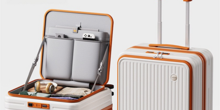 Orange and white Front Opening Carry On Luggage 18 Inch - Lightweight Hard Shell Suitcase with Spinner Wheels, Shockproof Laptop Compartment, USB Charging Port - Ideal for Business Trips and Short Travels