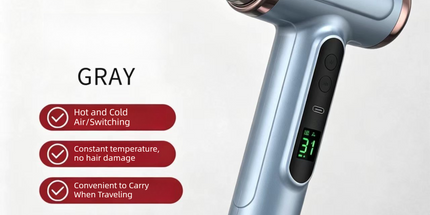 Gray wireless Hair Dryer with Cold & Hot Air, Portable Large-Capacity Rechargeable Ionic Dryer, Fast-Drying, Lightweight and Compact for Home and Travel Tyack eCommerce Solutions