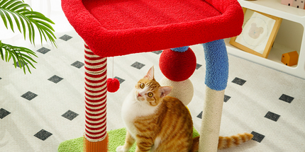 Colorful U-Shaped Cat Tree with Sisal Scratching Posts, Multi-Level Perch & Hanging Ball Toy - Compact Cat Climbing Frame for Small Spaces, Durable Fabric & Wood Construction for Kittens & Adult Cats