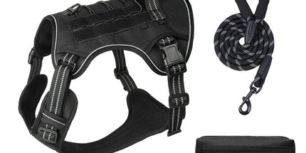 3-Piece Black Tactical Dog Harness Set (M Size) - Heavy Duty No-Pull Vest with Detachable Tactical Pouch & Climbing Rope Leash