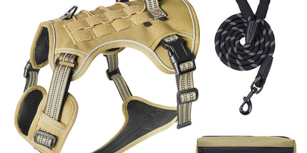 3-Piece Khaki Tactical Dog Harness Set (L Size) - Heavy Duty No-Pull Vest with Detachable Tactical Pouch & Climbing Rope Leash