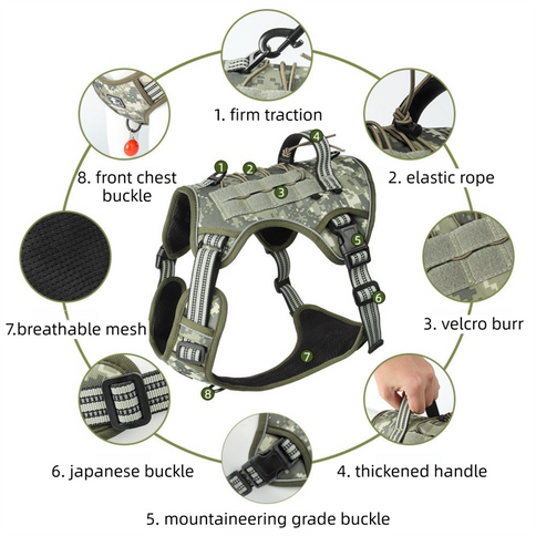 3-Piece Khaki Tactical Dog Harness Set (L Size) - Heavy Duty No-Pull Vest with Detachable Tactical Pouch & Climbing Rope Leash