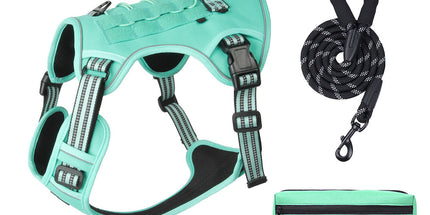 3-Piece Green Tactical Dog Harness Set (S Size) - Heavy Duty No-Pull Vest with Detachable Tactical Pouch & Climbing Rope Leash