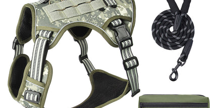 3-Piece Camouflage Tactical Dog Harness Set (M Size) - Heavy Duty No-Pull Vest with Detachable Tactical Pouch & Climbing Rope Leash