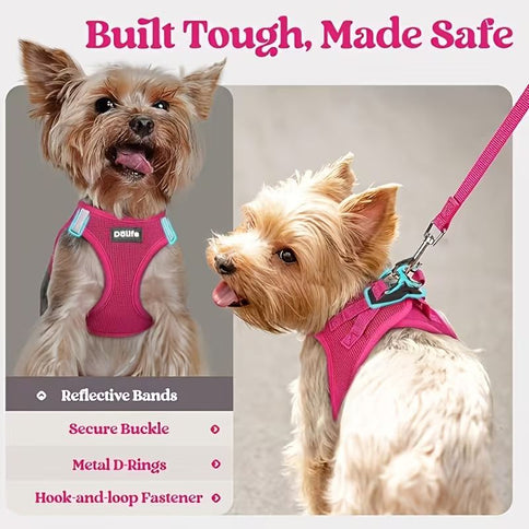 Rose red Breathable Dog Harness and Leash Set - Adjustable Reflective Pet Vest with Swivel Clip(Size: L)