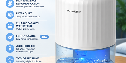 White Portable Home Quiet Mini Dehumidifier - 2L Large Visible Water Tank, 7-Color Sleep Aid Night Light, Air Purification, Auto Shut-Off and 40W Low Power for Bedroom Studies and Closet (5–70m²)