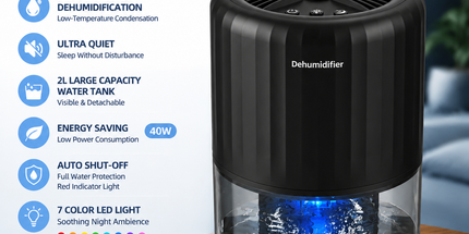 Black Portable Home Quiet Mini Dehumidifier - 2L Large Visible Water Tank, 7-Color Sleep Aid Night Light, Air Purification, Auto Shut-Off and 40W Low Power for Bedroom Studies and Closet (5–70m²)