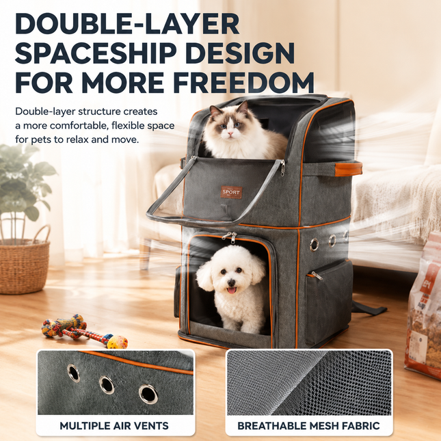 Grey Double Layer Pet Backpack and Trolley Carrier - Foldable Large Capacity Design, Breathable Mesh Window, Zipper Access, Fixing Attachment and Organised Side Storage for Travel and Vet Visits