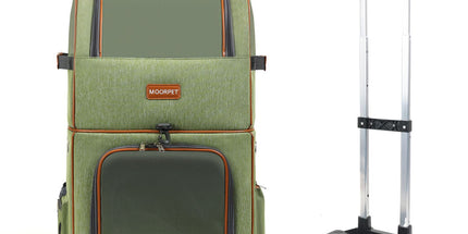 Green Double Layer Pet Backpack and Trolley Carrier - Foldable Large Capacity Design, Breathable Mesh Window, Zipper Access, Fixing Attachment and Organised Side Storage for Travel and Vet Visits