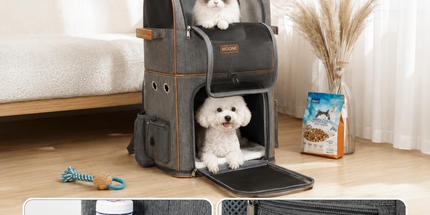 Green Double Layer Pet Backpack and Trolley Carrier - Foldable Large Capacity Design, Breathable Mesh Window, Zipper Access, Fixing Attachment and Organised Side Storage for Travel and Vet Visits