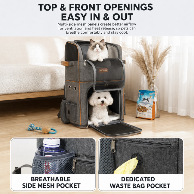 Green Double Layer Pet Backpack and Trolley Carrier - Foldable Large Capacity Design, Breathable Mesh Window, Zipper Access, Fixing Attachment and Organised Side Storage for Travel and Vet Visits