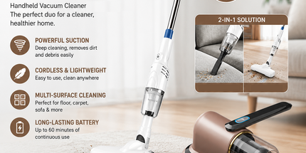 2-piece Home Cleaning  Bundle - Golden UV Mattress Mite Vacuum Cleaner & White Cordless Handheld Stick Vacuum Set, Wireless Rechargeable Home Car Pet Hair Cleaning Kit