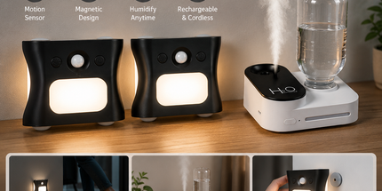 3PCS Smart Home Atmosphere Set – White USB Rechargeable Camera Humidifier & 2pcs Black RGB Motion Sensor Wall Light, Magnetic Wireless Night Lamp with Remote Control for Bedroom, Living Room & Office